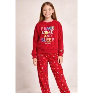 Justice Girls Red Fleece Pajama Set Peace‎ Love Sleep Size M Cozy